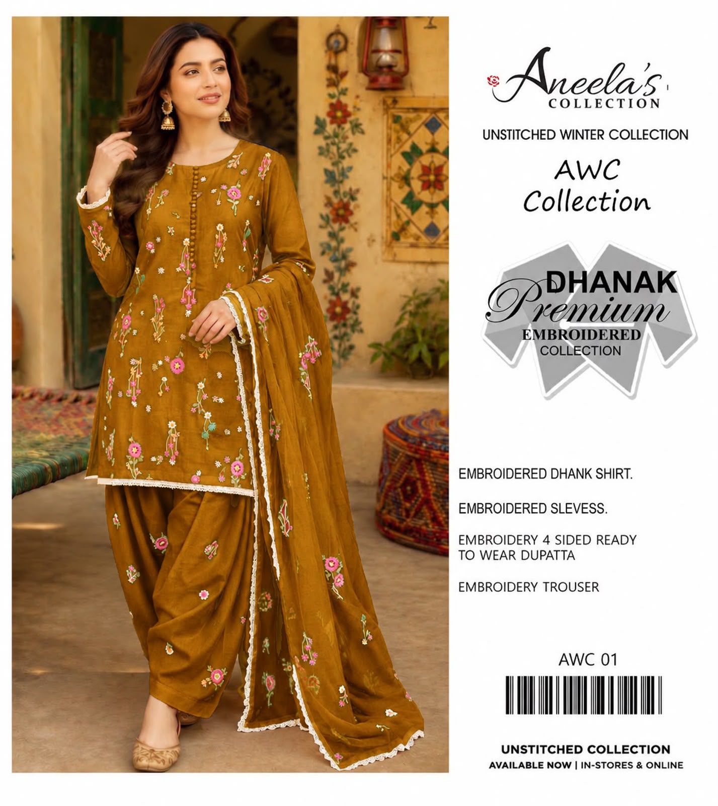 Dhanak embroidered luxury unstitched 3pc suit